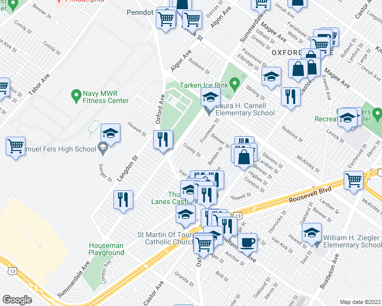 map of restaurants, bars, coffee shops, grocery stores, and more near 5948 Frontenac Street in Philadelphia