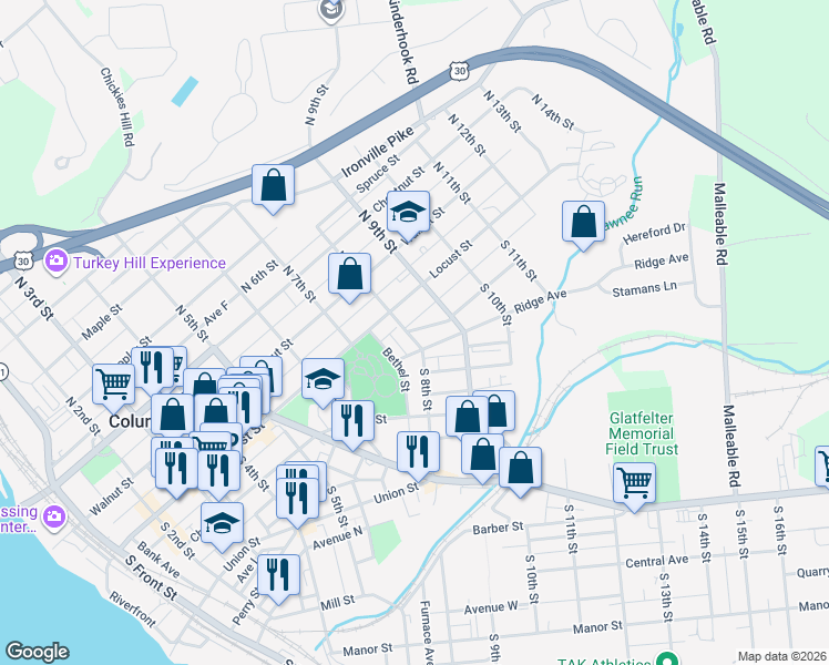 map of restaurants, bars, coffee shops, grocery stores, and more near 31 South 8th Street in Columbia