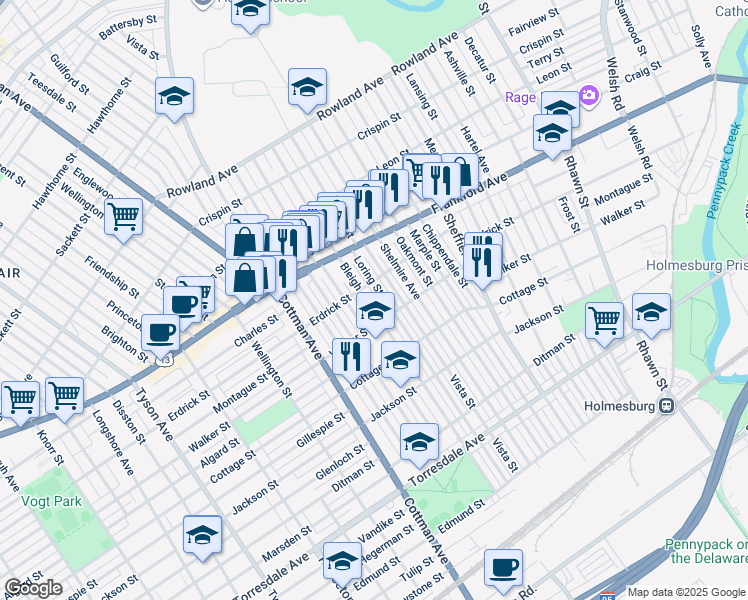 map of restaurants, bars, coffee shops, grocery stores, and more near 4221 Bleigh Avenue in Philadelphia