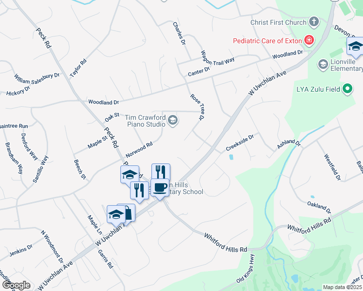 map of restaurants, bars, coffee shops, grocery stores, and more near 1 Rose Tree Drive in Downingtown