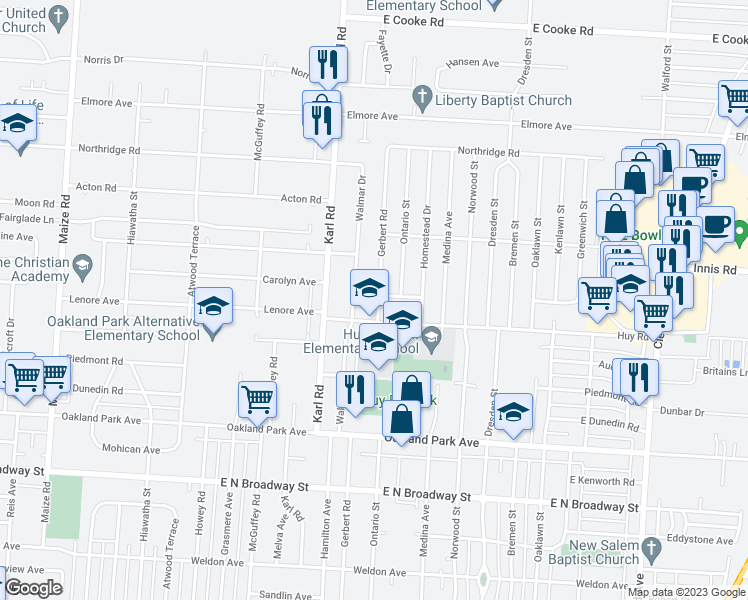 map of restaurants, bars, coffee shops, grocery stores, and more near 3415 Gerbert Road in Columbus