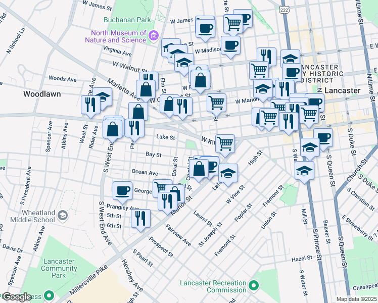 map of restaurants, bars, coffee shops, grocery stores, and more near 534 1st Street in Lancaster