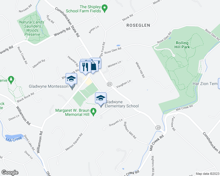 map of restaurants, bars, coffee shops, grocery stores, and more near 302 Conshohocken State Road in Gladwyne