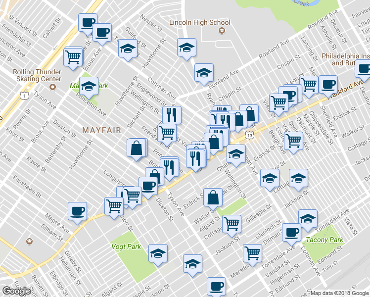 map of restaurants, bars, coffee shops, grocery stores, and more near 3430 Saint Vincent Street in Philadelphia