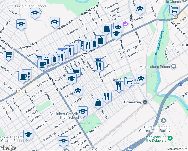 map of restaurants, bars, coffee shops, grocery stores, and more near 4331 Marple Street in Philadelphia
