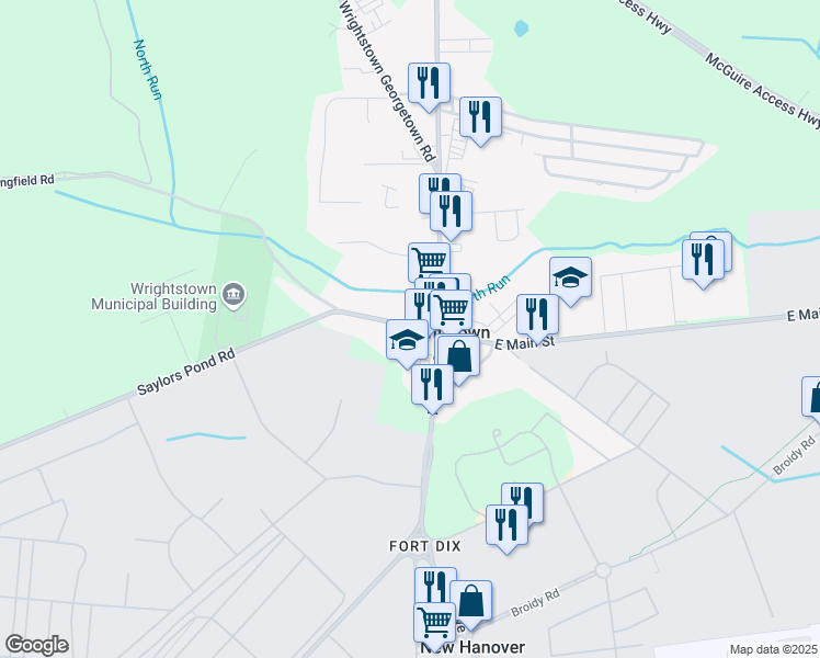 map of restaurants, bars, coffee shops, grocery stores, and more near 26 West Main Street in Wrightstown