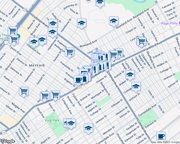 map of restaurants, bars, coffee shops, grocery stores, and more near 3516 Wellington Street in Philadelphia