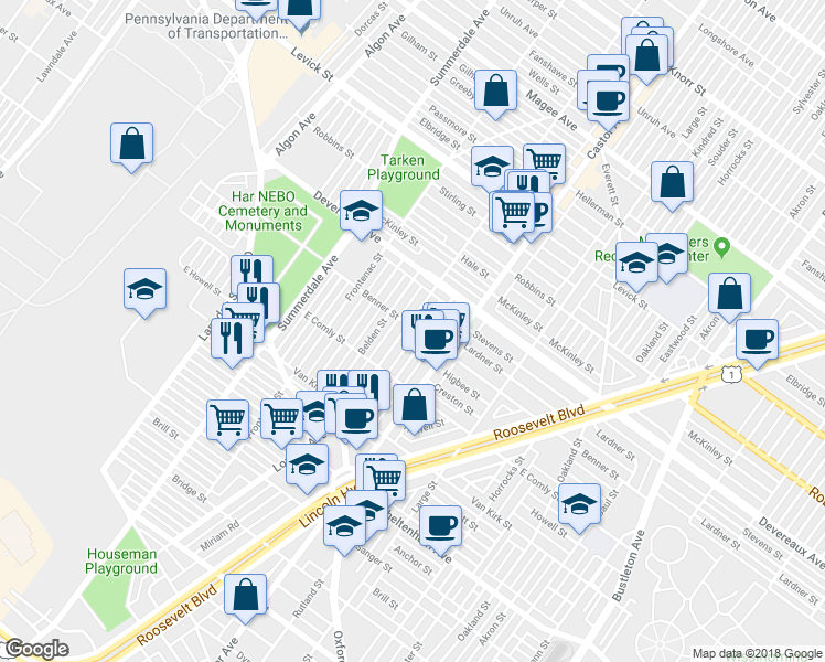 map of restaurants, bars, coffee shops, grocery stores, and more near 6065 Loretto Avenue in Philadelphia