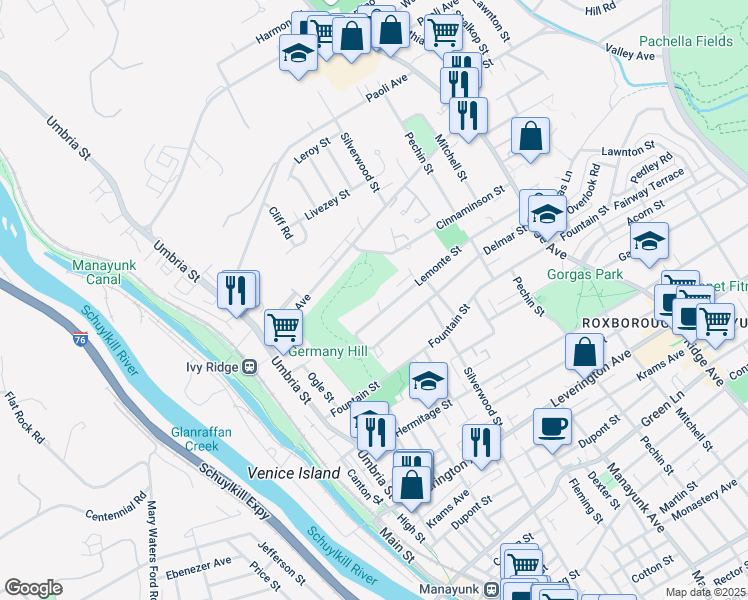 map of restaurants, bars, coffee shops, grocery stores, and more near 5021 Fowler Street in Philadelphia