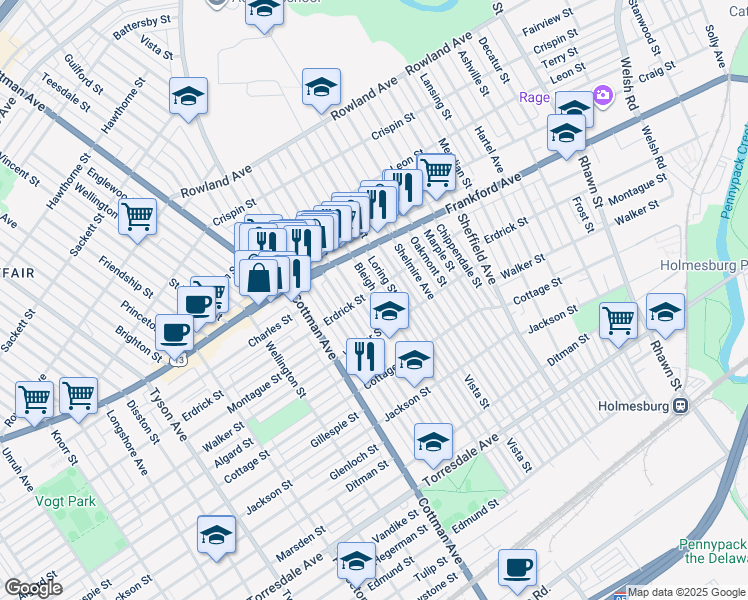 map of restaurants, bars, coffee shops, grocery stores, and more near 4206 Bleigh Avenue in Philadelphia