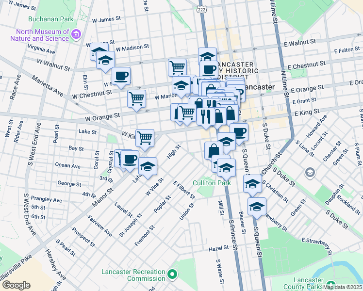 map of restaurants, bars, coffee shops, grocery stores, and more near 101 West Strawberry Street in Lancaster