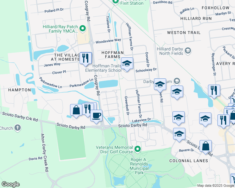 map of restaurants, bars, coffee shops, grocery stores, and more near 6001 Coventry Bend Drive in Hilliard