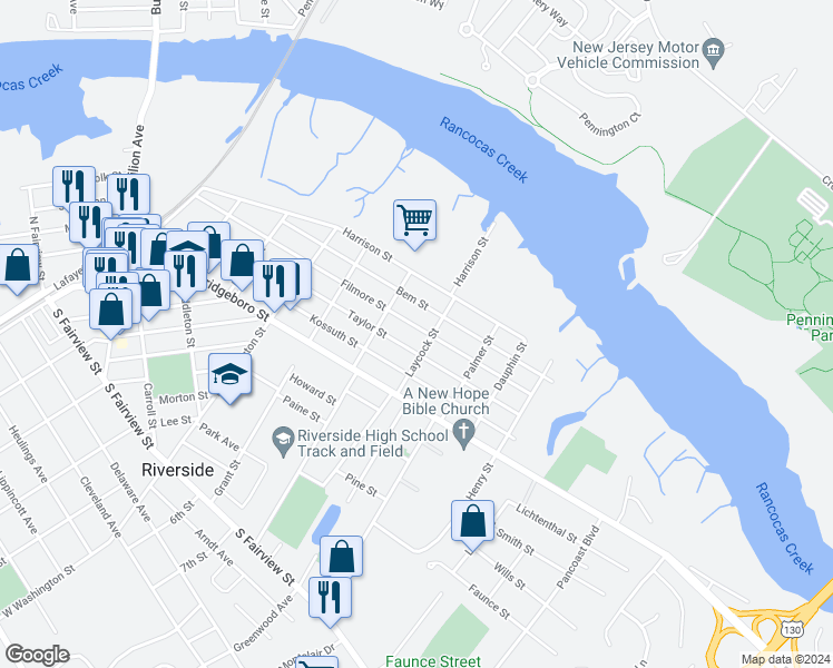 map of restaurants, bars, coffee shops, grocery stores, and more near 618 Filmore Street in Riverside