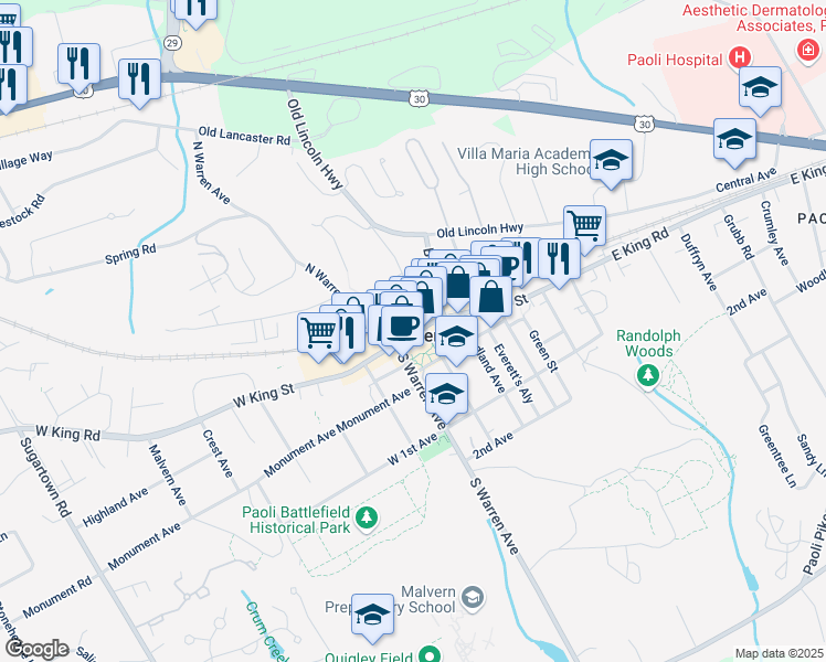 map of restaurants, bars, coffee shops, grocery stores, and more near 19 East King Street in Malvern
