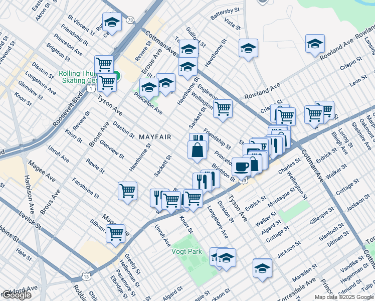 map of restaurants, bars, coffee shops, grocery stores, and more near 3225 Brighton Street in Philadelphia