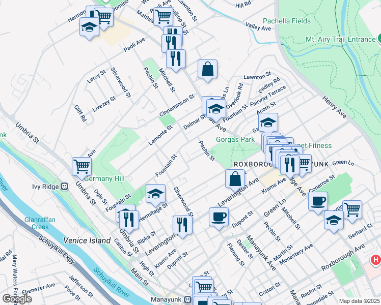 map of restaurants, bars, coffee shops, grocery stores, and more near 362 Fairway Terrace in Philadelphia