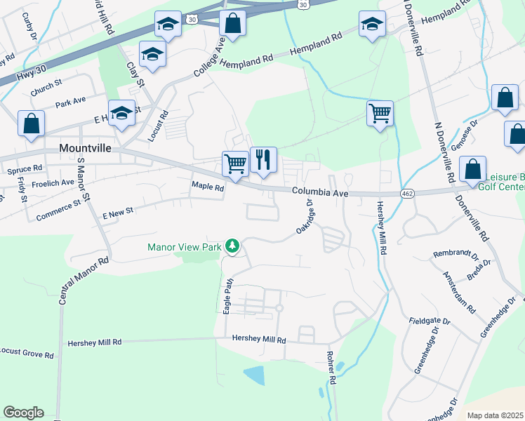 map of restaurants, bars, coffee shops, grocery stores, and more near 408 East New Street in Mountville