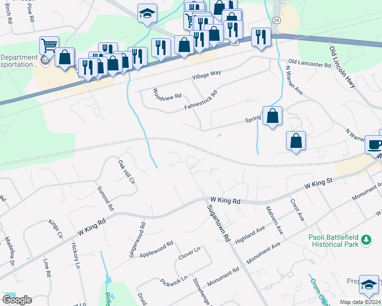 map of restaurants, bars, coffee shops, grocery stores, and more near 103 Inis Way in Malvern