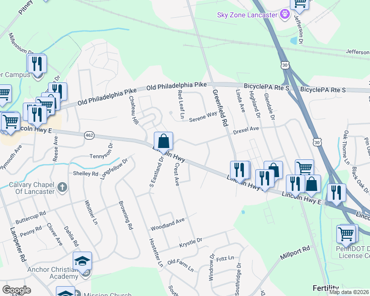 map of restaurants, bars, coffee shops, grocery stores, and more near 25 North Eastland Drive in Lancaster