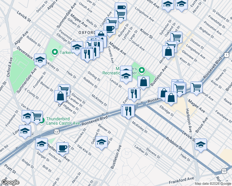 map of restaurants, bars, coffee shops, grocery stores, and more near 6330 Sylvester Street in Philadelphia