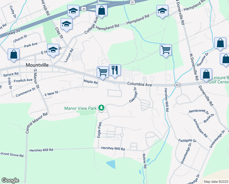 map of restaurants, bars, coffee shops, grocery stores, and more near 408 East New Street in Mountville