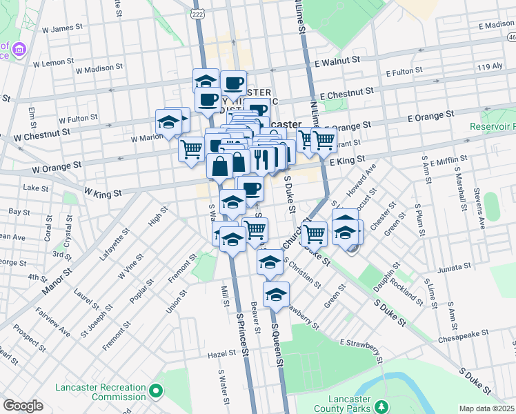map of restaurants, bars, coffee shops, grocery stores, and more near S Queen St & W Vine St in Lancaster