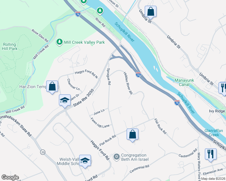 map of restaurants, bars, coffee shops, grocery stores, and more near 341 Sprague Road in Penn Valley