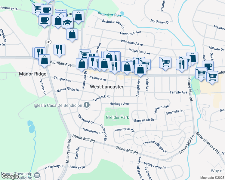 map of restaurants, bars, coffee shops, grocery stores, and more near 1800 Temple Ave in Lancaster