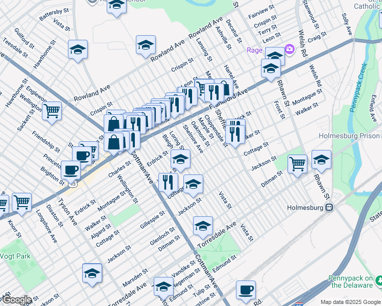 map of restaurants, bars, coffee shops, grocery stores, and more near 4236 Vista Street in Philadelphia