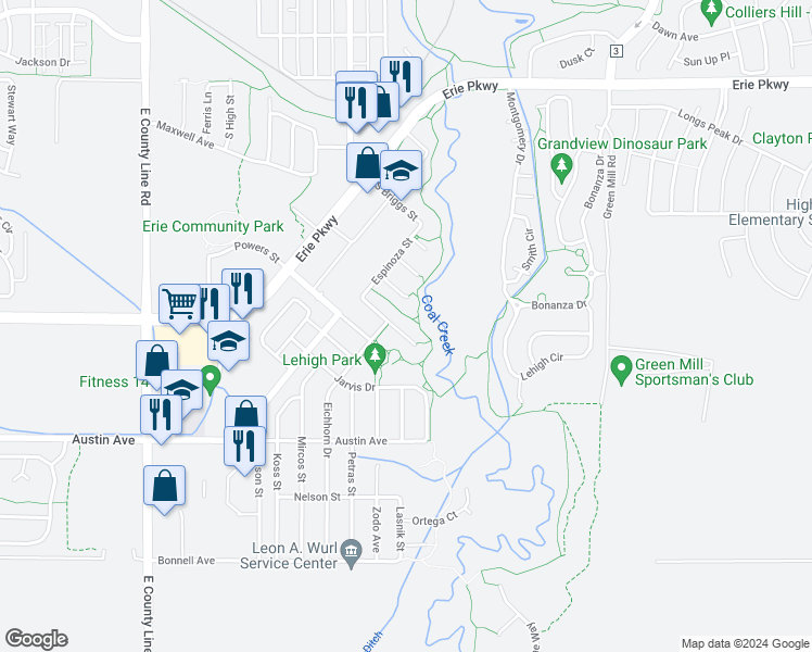 map of restaurants, bars, coffee shops, grocery stores, and more near 469 Mazzini Street in Erie