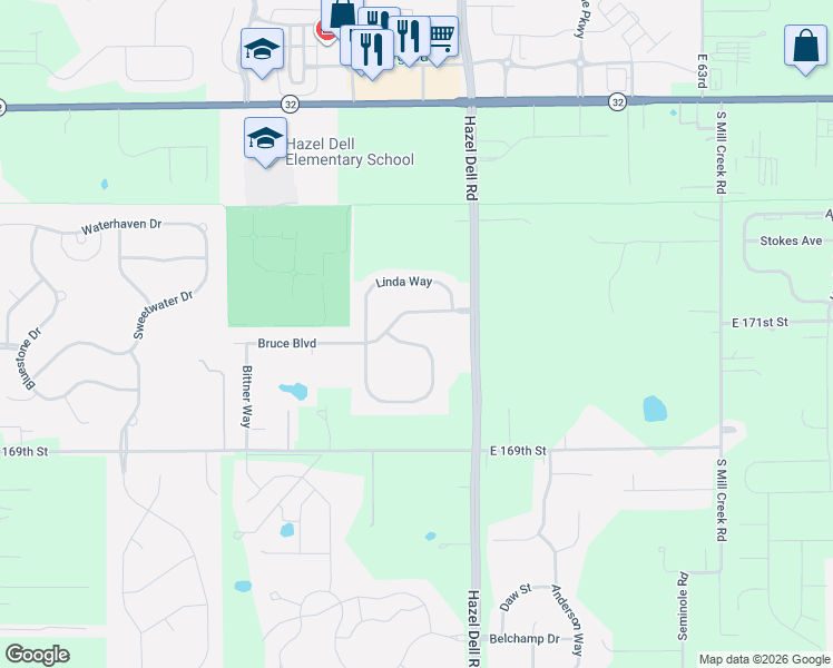 map of restaurants, bars, coffee shops, grocery stores, and more near 5670 Flinchum Way South in Noblesville