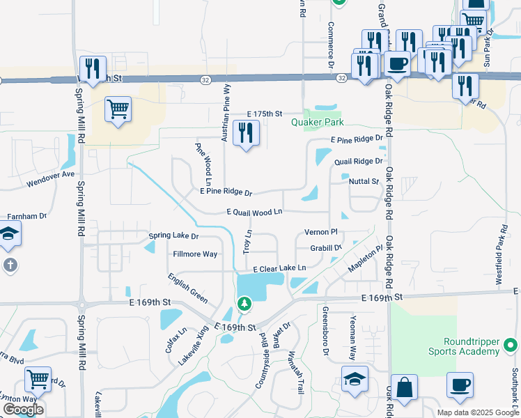 map of restaurants, bars, coffee shops, grocery stores, and more near 336 East Quail Wood Lane in Westfield