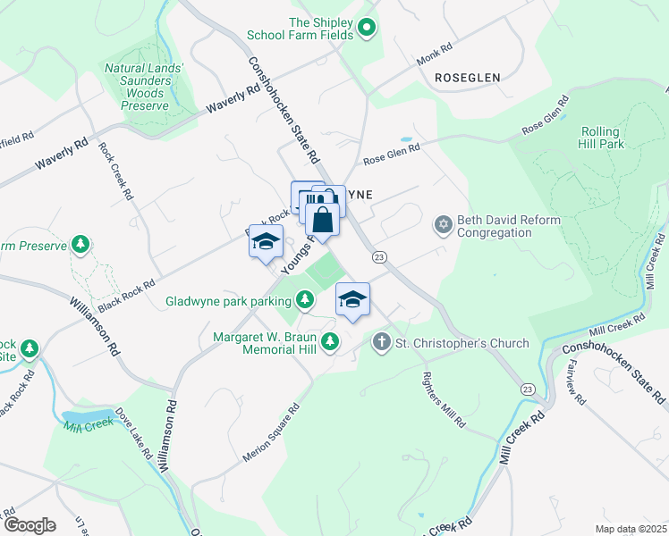 map of restaurants, bars, coffee shops, grocery stores, and more near 320 Righters Mill Road in Gladwyne