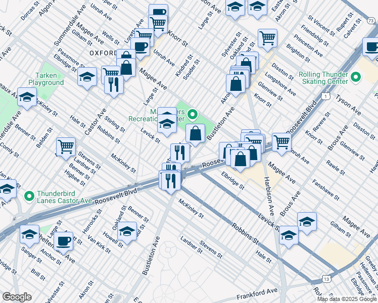 map of restaurants, bars, coffee shops, grocery stores, and more near 6423 Akron Street in Philadelphia