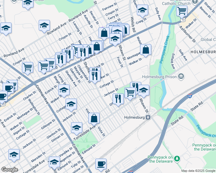 map of restaurants, bars, coffee shops, grocery stores, and more near 7757 Cottage Street in Philadelphia