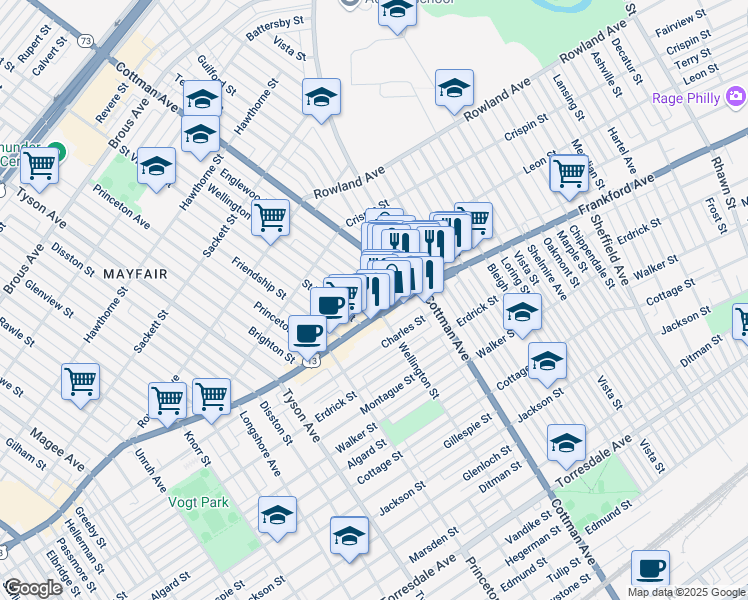 map of restaurants, bars, coffee shops, grocery stores, and more near 3535 Wellington Street in Philadelphia