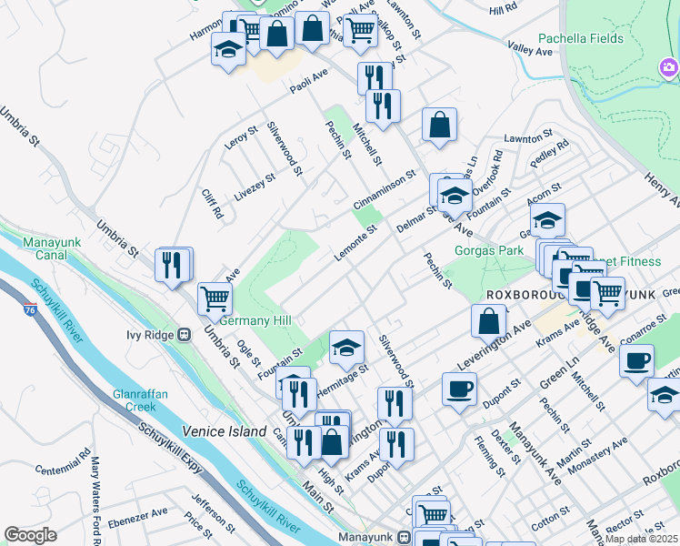 map of restaurants, bars, coffee shops, grocery stores, and more near 310 Delmar Street in Philadelphia