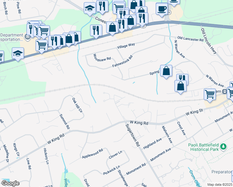 map of restaurants, bars, coffee shops, grocery stores, and more near 103 Inis Way in Malvern