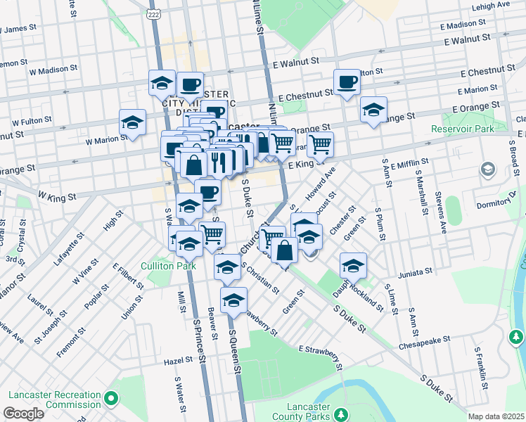 map of restaurants, bars, coffee shops, grocery stores, and more near 122 East Vine Street in Lancaster