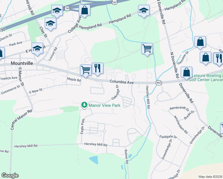 map of restaurants, bars, coffee shops, grocery stores, and more near 133 Oakridge Drive in Lancaster