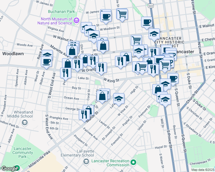 map of restaurants, bars, coffee shops, grocery stores, and more near 33 Old Dorwart Street in Lancaster