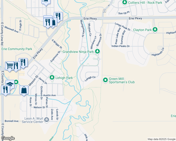 map of restaurants, bars, coffee shops, grocery stores, and more near 565 Lehigh Circle in Erie