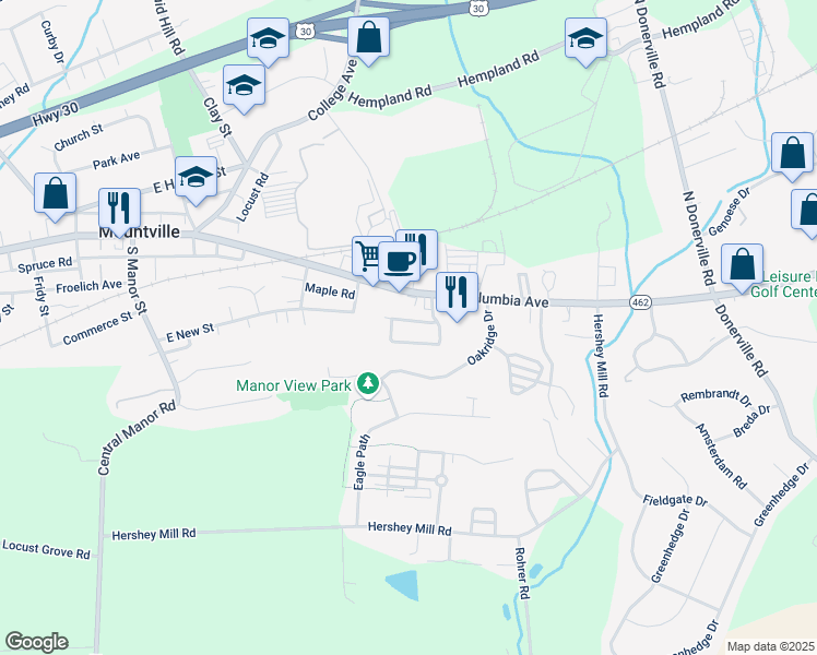 map of restaurants, bars, coffee shops, grocery stores, and more near 404 East New Street in Mountville