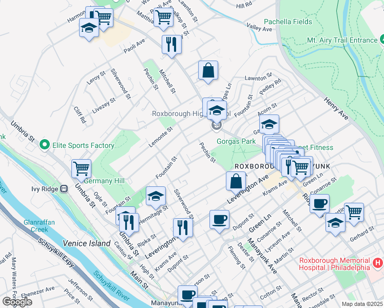 map of restaurants, bars, coffee shops, grocery stores, and more near 366 Fairway Terrace in Philadelphia