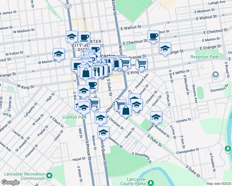 map of restaurants, bars, coffee shops, grocery stores, and more near 122 East Vine Street in Lancaster