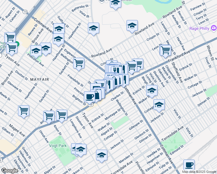 map of restaurants, bars, coffee shops, grocery stores, and more near 3535 Wellington Street in Philadelphia