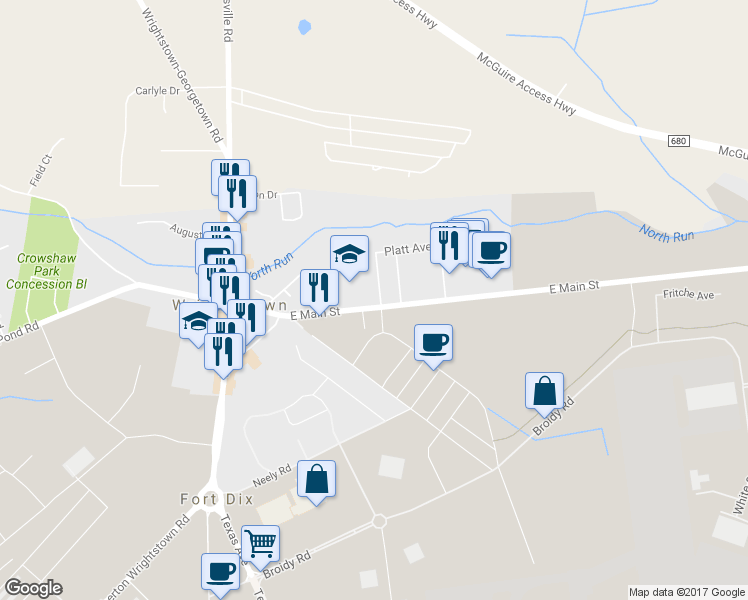 map of restaurants, bars, coffee shops, grocery stores, and more near 4 Francis Street in Wrightstown