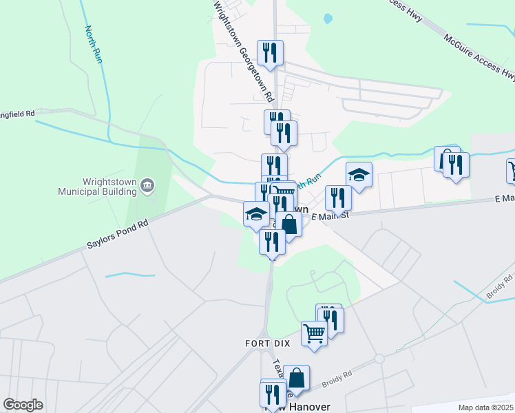 map of restaurants, bars, coffee shops, grocery stores, and more near 26 West Main Street in Wrightstown