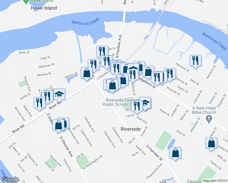 map of restaurants, bars, coffee shops, grocery stores, and more near 213 South Pavilion Avenue in Riverside