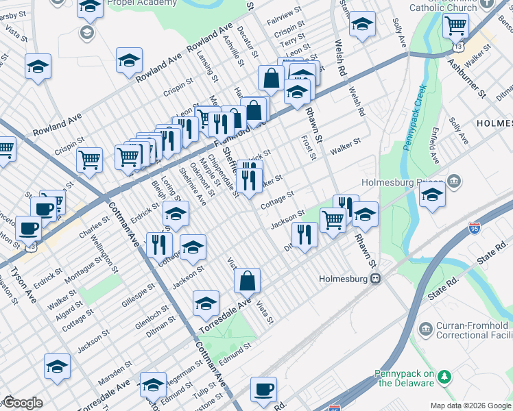 map of restaurants, bars, coffee shops, grocery stores, and more near 4317 Sheffield Avenue in Philadelphia